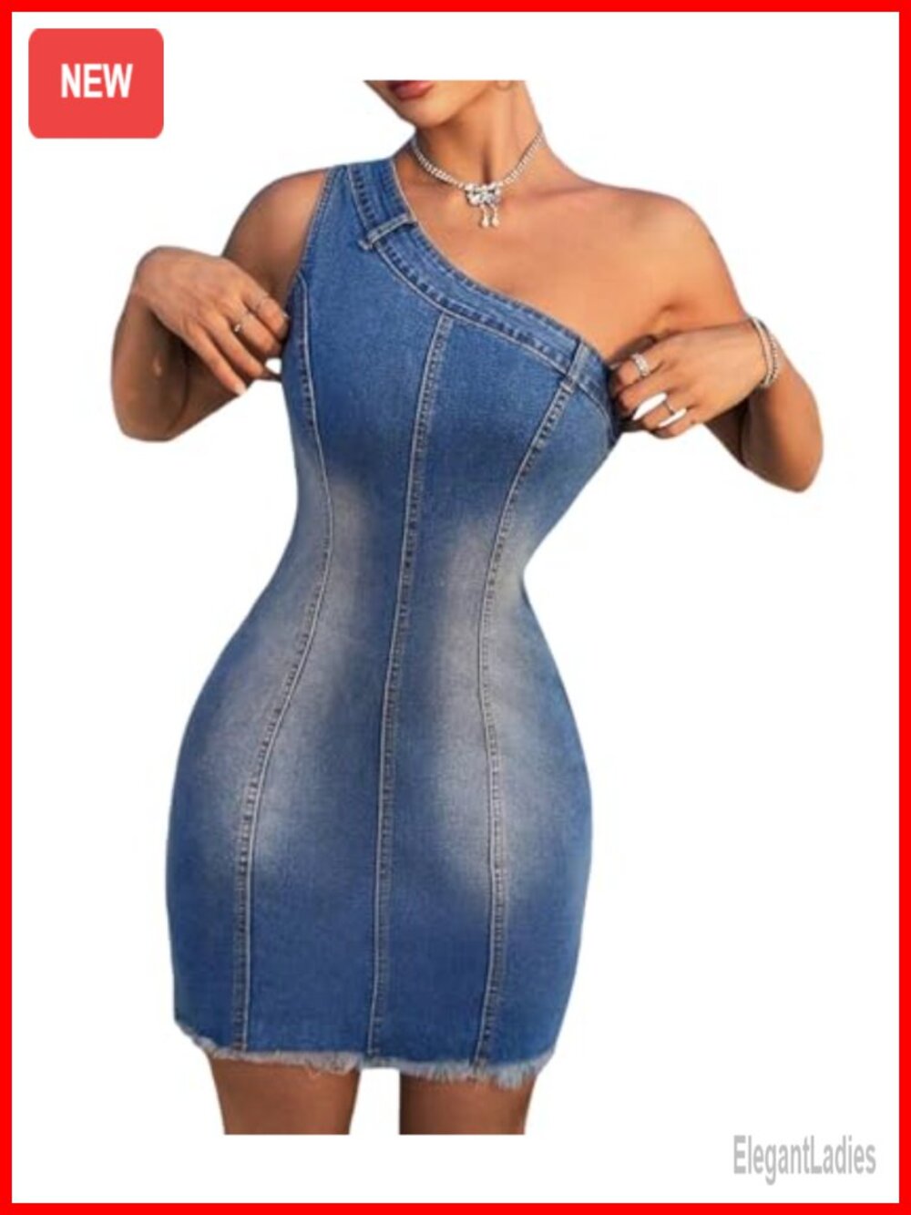 One Off Shoulder Bodycon Denim Mini Dress Sleeveless Raw Hem Slim Fit